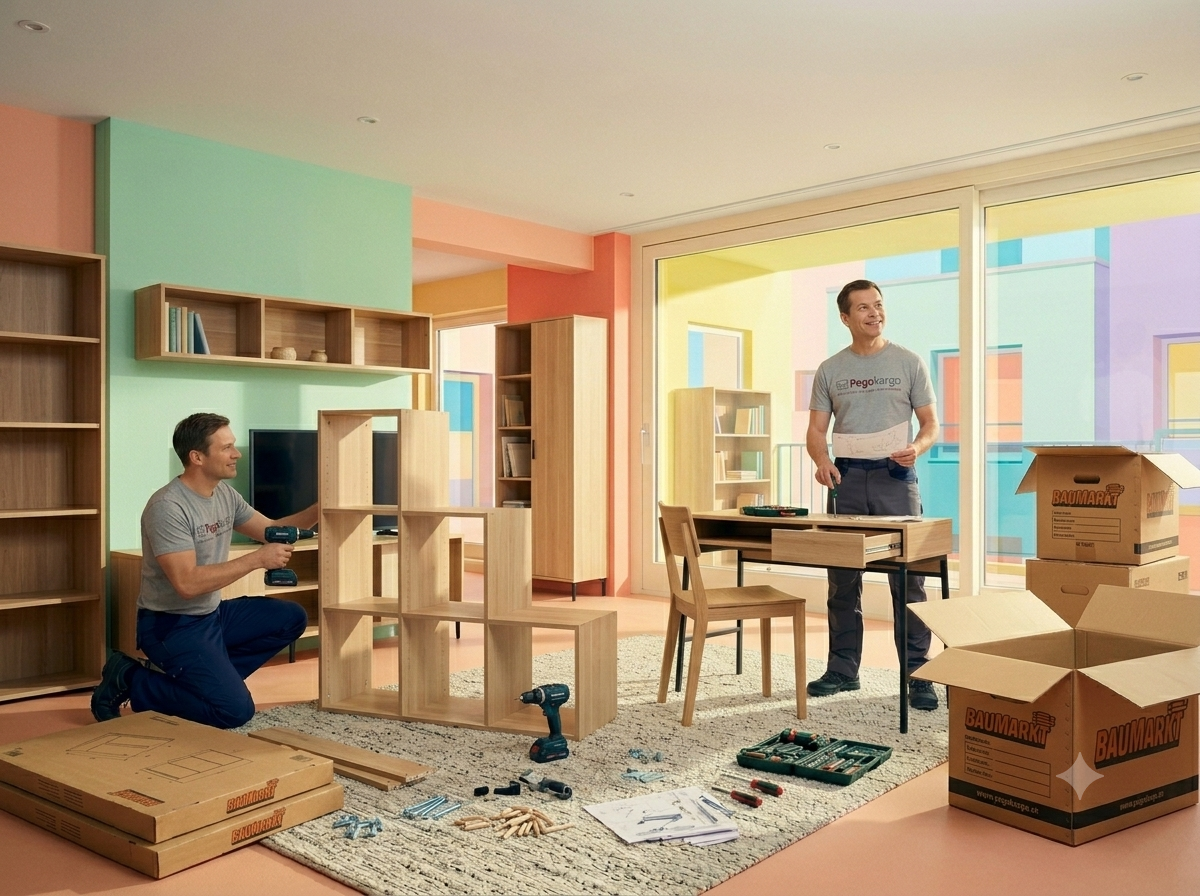 KI-generiertes Bild: "Zwei Handwerker beim Möbelaufbau"