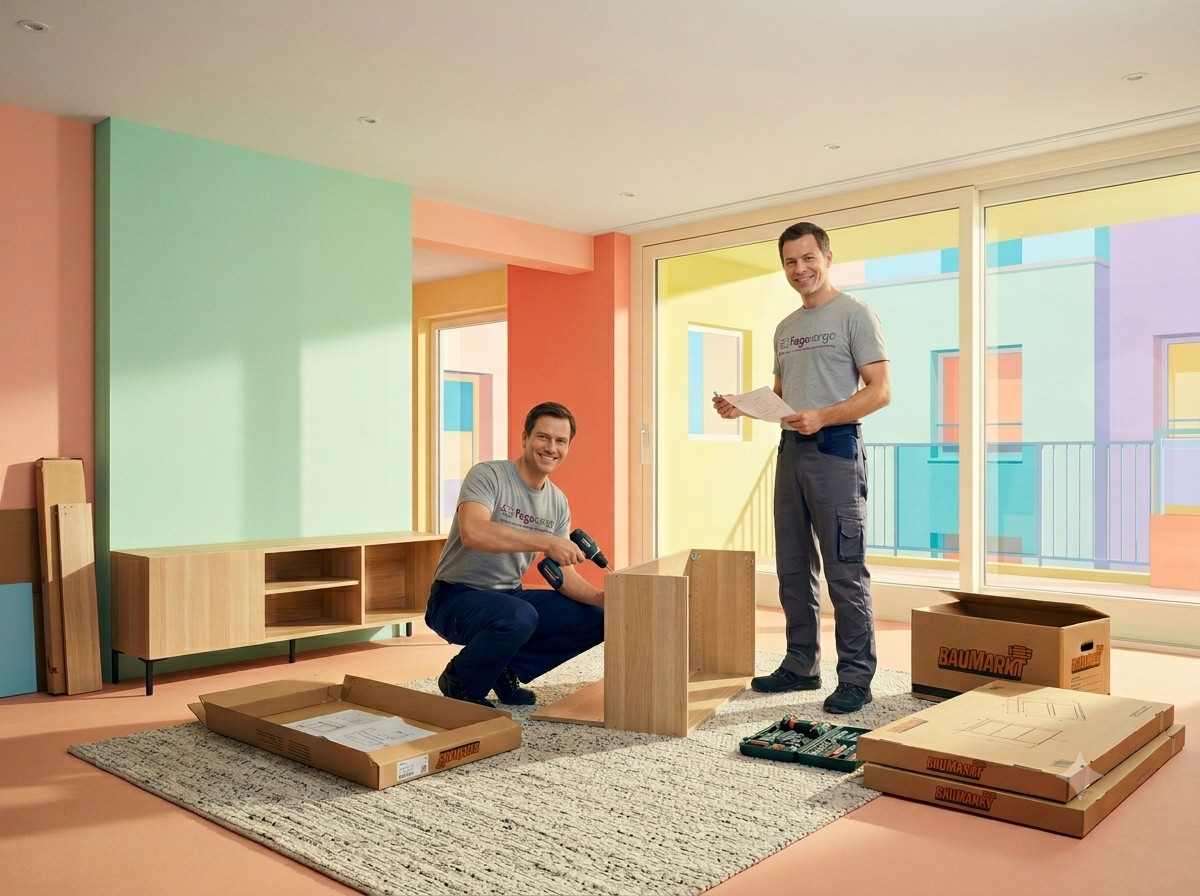 KI-generiertes Bild: Zwei Handwerker beim Möbelaufbau